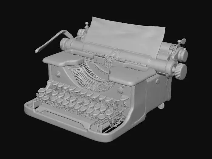 3D model for A heavy, manual typewriter, its black enameled metal body chipped to reveal dull silver beneath, with several keys missing or bent. The paper roller is stained with dried, dark ink, and a partially typed sheet of paper displays fragmented, nonsensical phrases. Its cold, hard, metallic surface is grimy, and the clack of its remaining keys sounds hollow and jarring. #Halloween2025#