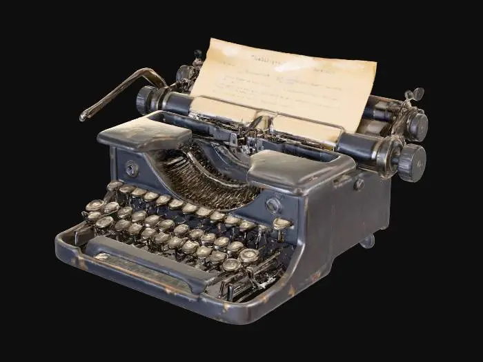 3D model for A heavy, manual typewriter, its black enameled metal body chipped to reveal dull silver beneath, with several keys missing or bent. The paper roller is stained with dried, dark ink, and a partially typed sheet of paper displays fragmented, nonsensical phrases. Its cold, hard, metallic surface is grimy, and the clack of its remaining keys sounds hollow and jarring. #Halloween2025#