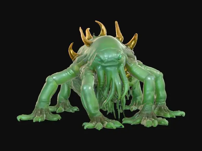 3D model for A squat, multi-limbed semi-transparent ectoplasm beast, its numerous tentacle-like appendages crafted from a dark, swampy green shiny slime. Its main body is thick and opaque near the core, gradually becoming transparent at the edges. The texture is overtly gooey and sticky, with a strong, wet sheen, and the limbs constantly pulse and twitch, giving it a menacing, viscous mobility. #Halloween2025#