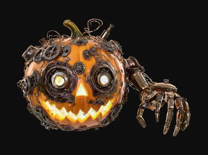 3D model for #Halloween2025#, A stylized "Cursed Automaton" jack-o'-lantern: a classic pumpkin, expertly carved with a menacing grin, but encased in an exoskeleton of rusted clockwork gears and interconnected brass tubing. Its glowing yellow eyes are miniature camera lenses, and a single, elongated mechanical arm extends, ending in a delicate, skeletal hand. This fusion is both organic and hauntingly industrial. #Halloween2025#