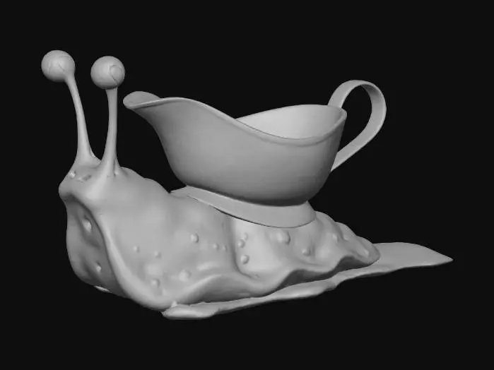 3D model for #Thanksgiving#, A "Gravy Snail," a slow-moving creature with a polished, silver gravy boat for its shell. Beneath, a viscous, glistening brown gravy slug-body oozes forward, leaving a trail of liquid. Two delicate stalks made of solidified gravy extend upwards, each topped with a comical googly eye, giving it a perpetually startled look.