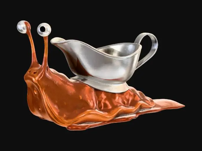 3D model for #Thanksgiving#, A "Gravy Snail," a slow-moving creature with a polished, silver gravy boat for its shell. Beneath, a viscous, glistening brown gravy slug-body oozes forward, leaving a trail of liquid. Two delicate stalks made of solidified gravy extend upwards, each topped with a comical googly eye, giving it a perpetually startled look.