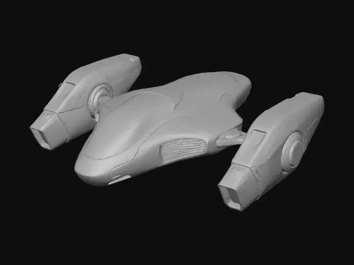 3D model for A sleek, obsidian-black hovering drone with a seamless aerodynamic chassis crafted from a polished, scratch-resistant alloy. Its surface features subtle, pulsating cyan energy veins that glow softly, indicating internal power flow. The structure includes two articulating thruster pods with integrated grav-repulsors, giving it a futuristic, minimalist aesthetic with a smooth, almost liquid-like texture.