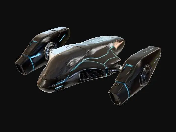 3D model for A sleek, obsidian-black hovering drone with a seamless aerodynamic chassis crafted from a polished, scratch-resistant alloy. Its surface features subtle, pulsating cyan energy veins that glow softly, indicating internal power flow. The structure includes two articulating thruster pods with integrated grav-repulsors, giving it a futuristic, minimalist aesthetic with a smooth, almost liquid-like texture.