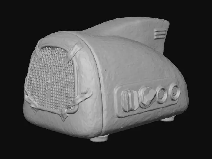 3D model for A countertop kitchen appliance shaped like a sleek aerodynamic fin. Originally a vibrant burnt orange, the paint is now sun-bleached and flaking off to reveal dull, pitted chrome. The front glass door is missing, replaced by a wire mesh taped in place. Control knobs are chunky bakelite, half of them missing. Grease stains drip down the front. Scavenger aesthetic, stylized 3D render, heavy rust textures.