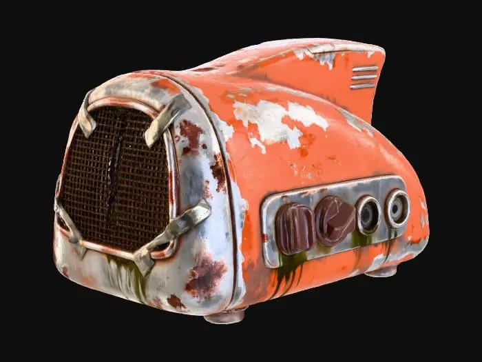 3D model for A countertop kitchen appliance shaped like a sleek aerodynamic fin. Originally a vibrant burnt orange, the paint is now sun-bleached and flaking off to reveal dull, pitted chrome. The front glass door is missing, replaced by a wire mesh taped in place. Control knobs are chunky bakelite, half of them missing. Grease stains drip down the front. Scavenger aesthetic, stylized 3D render, heavy rust textures.