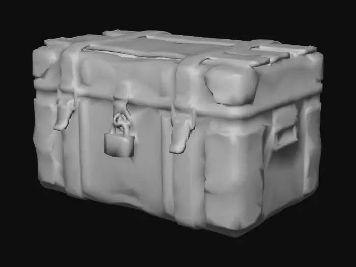3D model for "A large, rectangular metal storage trunk, originally painted in a bright mustard yellow, now covered in grime, rust streaks, and peeling paint. It's reinforced with rough patches of olive drab canvas and heavy industrial straps. The latches are bent, and one is secured with a rusty padlock. Faint stenciled numbers are visible on the side. This trunk serves as both storage and a makeshift table. Scavenged furniture, PBR textures, utilitarian wasteland item."