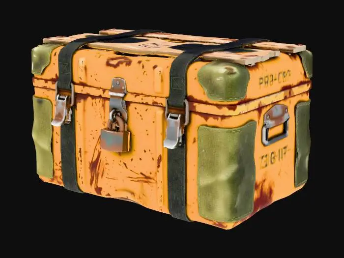 3D model for "A large, rectangular metal storage trunk, originally painted in a bright mustard yellow, now covered in grime, rust streaks, and peeling paint. It's reinforced with rough patches of olive drab canvas and heavy industrial straps. The latches are bent, and one is secured with a rusty padlock. Faint stenciled numbers are visible on the side. This trunk serves as both storage and a makeshift table. Scavenged furniture, PBR textures, utilitarian wasteland item."