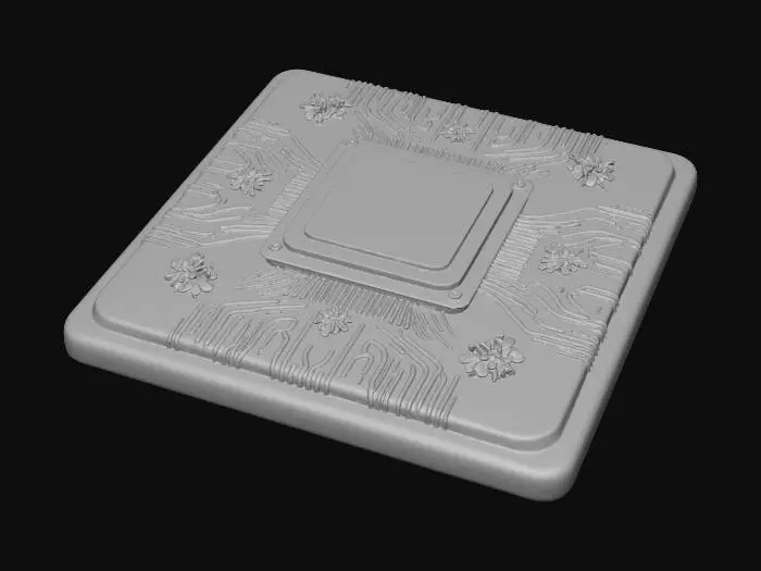 3D model for A decorative data chip ornament, meticulously etched from polished silicon and embedded with miniature, glowing holographic snowflakes. The central processing unit is a vibrant, translucent green, contrasting with the dark, reflective substrate. Its delicate texture is smooth and cool, with visible microscopic circuitry patterns. #Christmas2025#