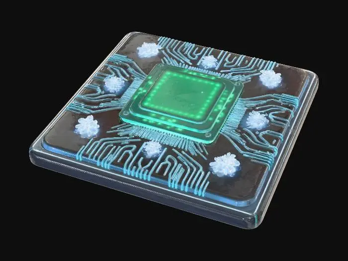 3D model for A decorative data chip ornament, meticulously etched from polished silicon and embedded with miniature, glowing holographic snowflakes. The central processing unit is a vibrant, translucent green, contrasting with the dark, reflective substrate. Its delicate texture is smooth and cool, with visible microscopic circuitry patterns. #Christmas2025#