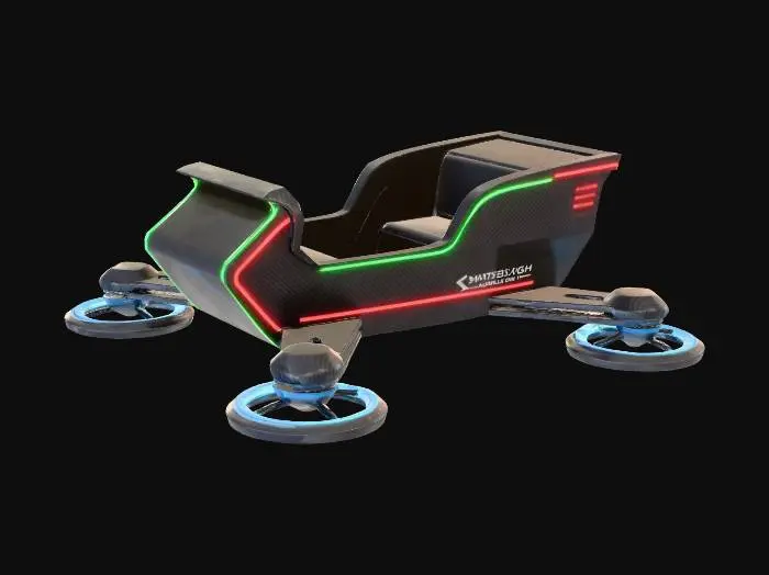3D model for Santa's sleigh reimagined as a compact, stealthy drone delivery vehicle. It features a dark, angular carbon-fiber body with red and green accent lights that flash in sequence. The propulsion systems are visible magnetic levitation units, giving it a hovering appearance. Its texture is a smooth, aerodynamic composite, hinting at advanced capabilities. #Christmas2025#