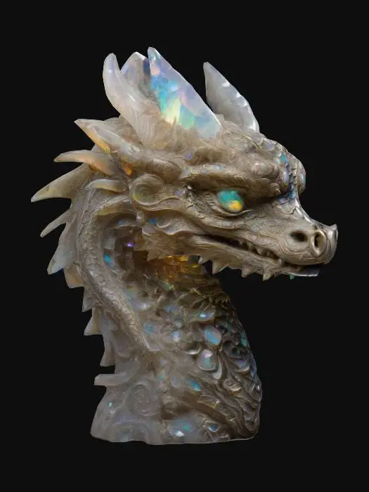 3D model for A Highly Detailed ornate carved dragon head bust, interlaced with opal crystal. An ancient mysterious object with cracks revealing a rainbow glowing inner light. 