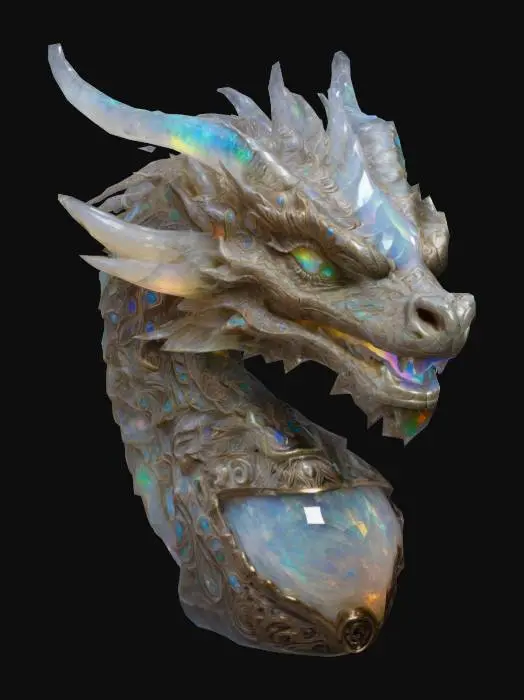 3D model for A Highly Detailed ornate carved dragon head bust, interlaced with opal crystal. An ancient mysterious object with cracks revealing a rainbow glowing inner light. 