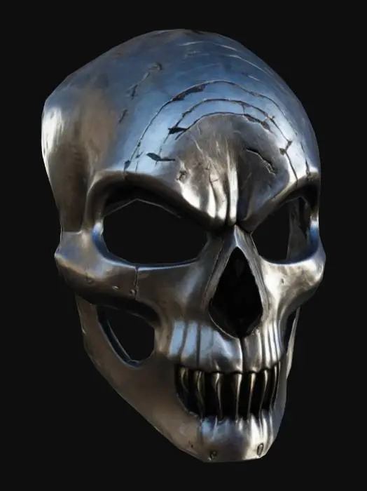3D model for A metal skull oni mask, punisher style. Tarnished and scratched chrome texture. 