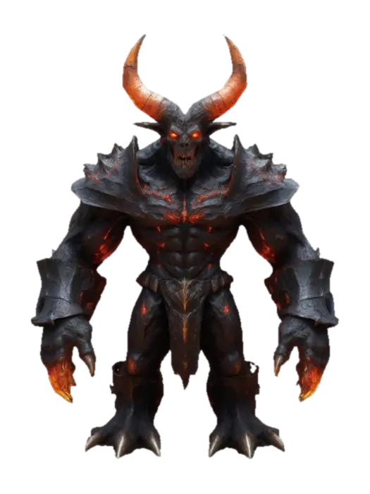 A towering demon overlord stands in an T-pose, wearing dark armor plate. its… 3D model, vytvořený pomocí AI