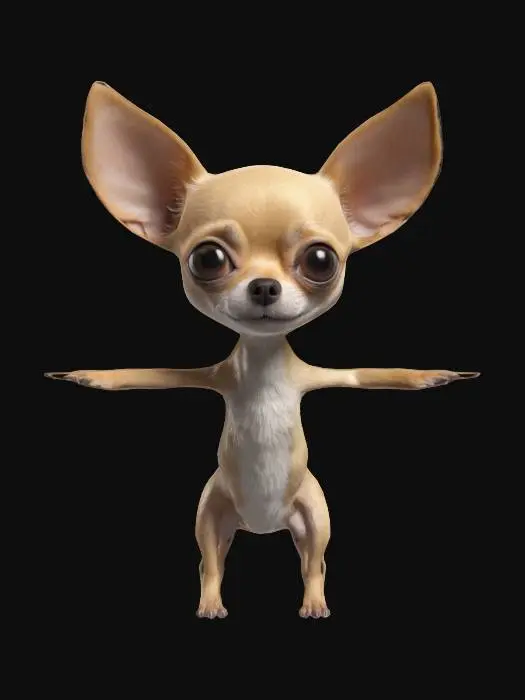 3D model for A realistic long limbed chihuahua character, standing up, T-Pose. 