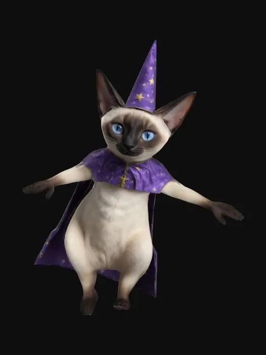 3D model for A realistic long limbed noble Siamese cat with a wizard hat and short cloak. He has a Cheshire like grin.  T-Pose. 