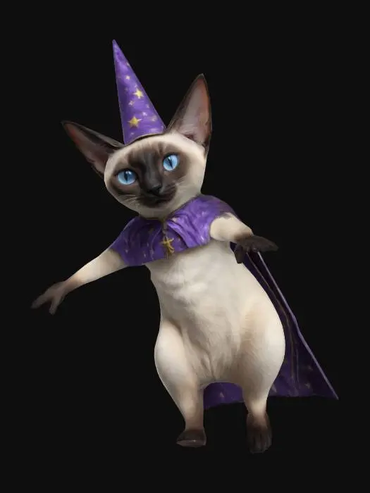 3D model for A realistic long limbed noble Siamese cat with a wizard hat and short cloak. He has a Cheshire like grin.  T-Pose. 