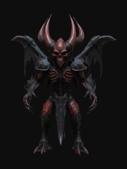 3D model for Devil_Demon black skull headed chaos Demon WH40K Style, Highest details, natural colors, well lit, dark presence, Khorne, Blood God, Armor is made of dark rough metal, surface patterns are slightly HR Giger inspired, Xenomorph,