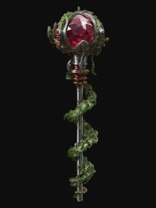 3D model for A metal engineer rod with, sci-fi inspired artifact, with green crawling vines spiraling up the shaft. A beautiful ruby gemstone at the top. , #ChronoForgeWeapon#,  