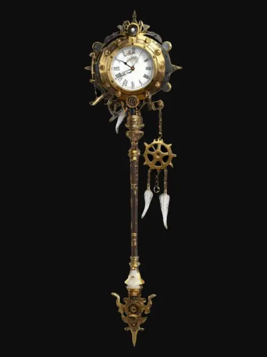 3D model for The chrono keepers clock staff, Victorian steam punk style with shiny metal and various cogs and pistons. With a dangling paleolithic bone fang dream catcher. , #ChronoForgeWeapon#