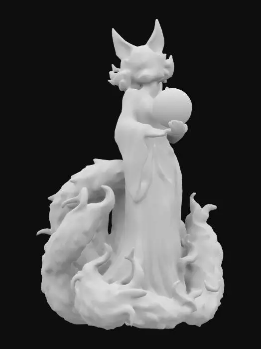 3D model for A elaborate translucent statue. A beautiful nine-tailed fox woman in a flowing kimono, holding a glowing foxfire orb. Her face is hidden by a katsune mask, as cherry blossoms drift around her.
