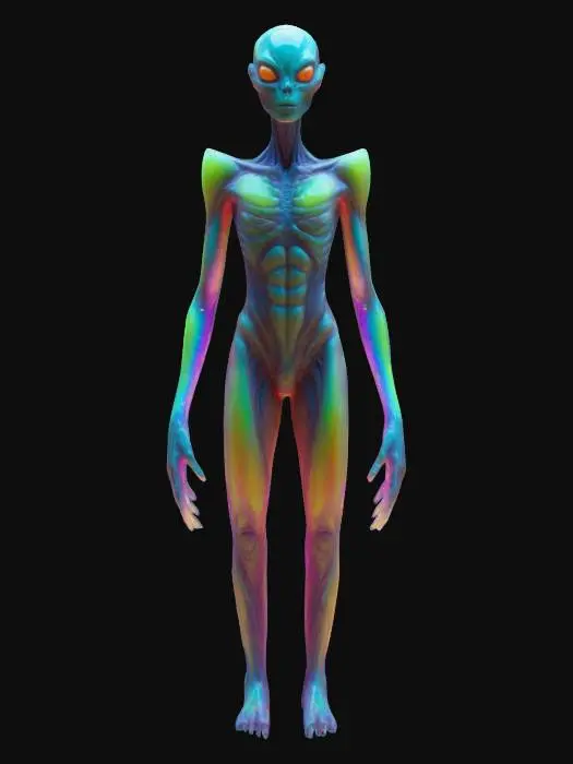 3D model for A slander alien character with resplendent holographic interior glowing veins and beautiful rainbow opal colored internal glow. wearing sleek futuristic armor. A-pose. 