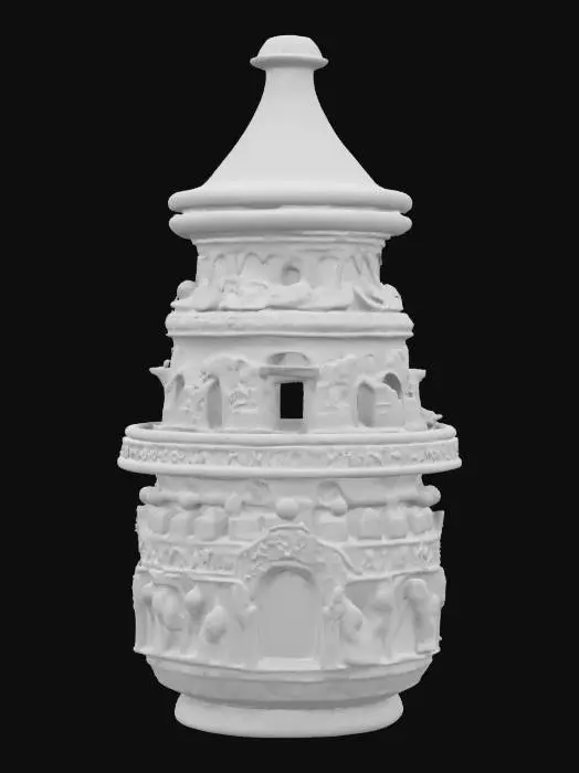 3D model for [Morocco] A tagine pot reshaped as a multi-tiered terracotta tower with carved market scenes in each layer #AroundTheWorld#