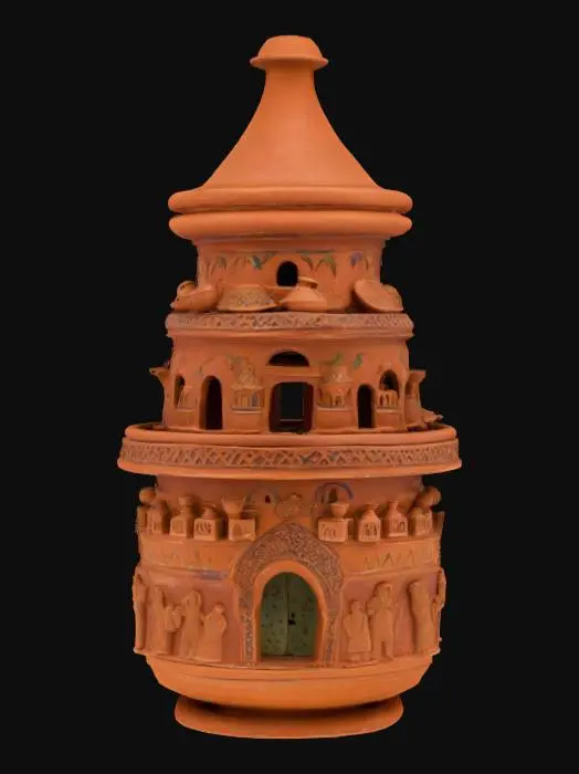 3D model for [Morocco] A tagine pot reshaped as a multi-tiered terracotta tower with carved market scenes in each layer #AroundTheWorld#