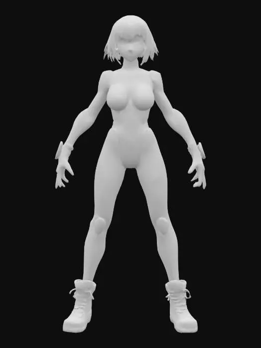 3D model for 
Anime girl with short hairstyle, in a sleek, skintight cybernetic suit, glowing circuitry across her limbs and spine, futuristic rainbow glowing highlights are visible on her suit. wearing combat boots, T.pose, arms at sides, spread apart, fingers clearly visible.  Foward facing. 