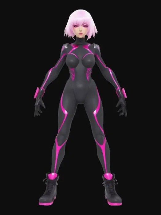 3D model for 
Anime girl with short hairstyle, in a sleek, skintight cybernetic suit, glowing circuitry across her limbs and spine, futuristic rainbow glowing highlights are visible on her suit. wearing combat boots, T.pose, arms at sides, spread apart, fingers clearly visible.  Foward facing. 