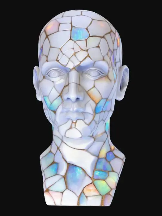 3D model for A mans head bust made out of cracked glossy white porcelain mosaic tile, with glowing opal crystal veins between some of the cracks, revealing vibrant rainbow colors.  