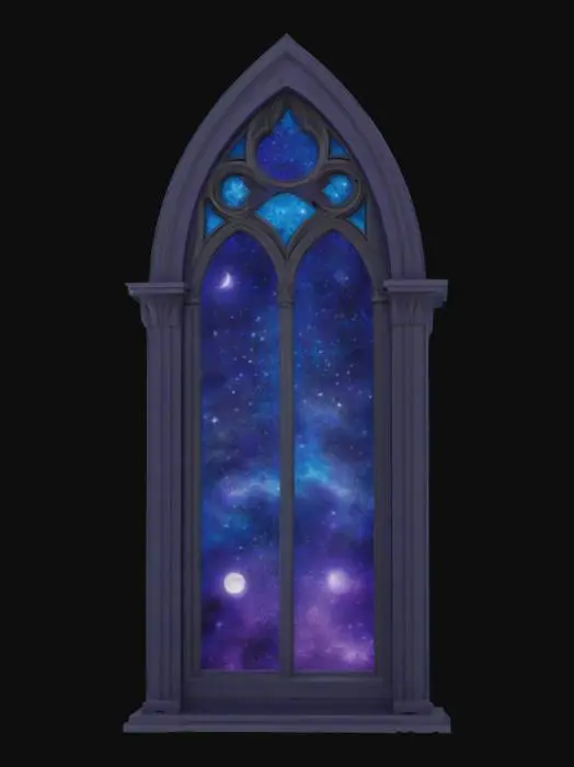 3D model for Starlit Cathedral Emblem
A tall arched emblem shaped like a gothic window, filled with swirling celestial motifs—moon crescents, stars, and nebula-like blues and purples—segmented by intricate dark framework. #Emblem#