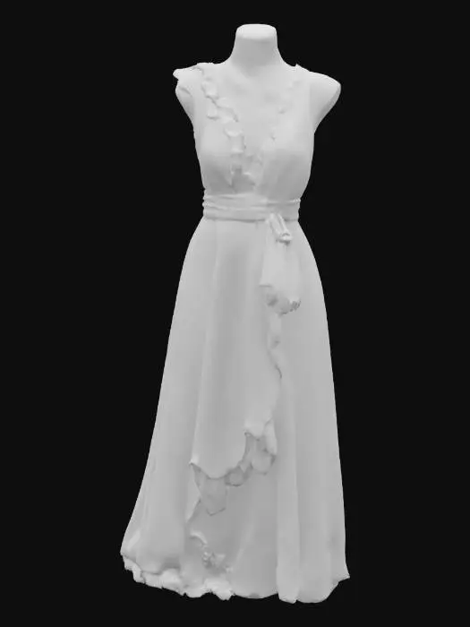 3D model for "Asymmetrical wrap dress with diagonal ruffle trim and metallic-thread fabric, shown at 60° angle, hemline visible."
