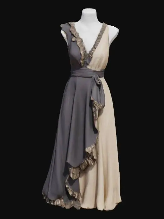 3D model for "Asymmetrical wrap dress with diagonal ruffle trim and metallic-thread fabric, shown at 60° angle, hemline visible."