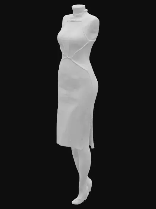 3D model for Cut-out bodycon dress in holographic mesh with asymmetrical neckline and high slit, mannequin torso with legs, clear side angle.