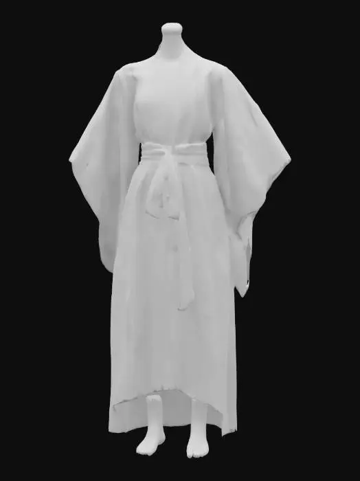 3D model for Modern kimono-style wrap dress with structured obi belt and digital floral print, torso mannequin with legs