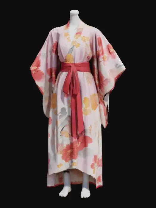 3D model for Modern kimono-style wrap dress with structured obi belt and digital floral print, torso mannequin with legs