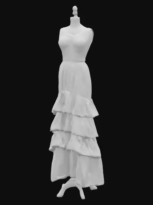 3D model for Bohemian maxi dress with tiered ruffle skirt and embroidered bodice, shown on mannequin torso with legs, frontal view.