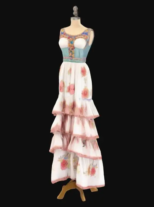 3D model for Bohemian maxi dress with tiered ruffle skirt and embroidered bodice, shown on mannequin torso with legs, frontal view.