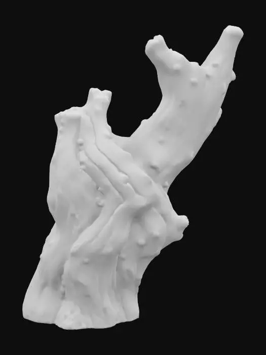 3D model for A gnarled wooden totem stands tall, its form spiraling upwards with deep, ancient twists. The dark, aged oak surface exhibits a coarse, bark-like texture, rough to the touch with pronounced grain lines and weathered fissures. Its color ranges from deep, earthy browns to hints of faded grey, suggesting years of exposure to the elements. The overall shape is organic and irregular, emphasizing its natural, untamed origins.