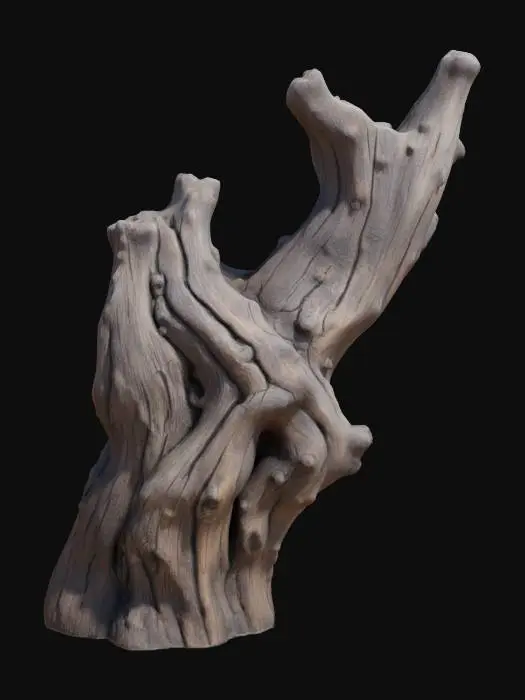 3D model for A gnarled wooden totem stands tall, its form spiraling upwards with deep, ancient twists. The dark, aged oak surface exhibits a coarse, bark-like texture, rough to the touch with pronounced grain lines and weathered fissures. Its color ranges from deep, earthy browns to hints of faded grey, suggesting years of exposure to the elements. The overall shape is organic and irregular, emphasizing its natural, untamed origins.
