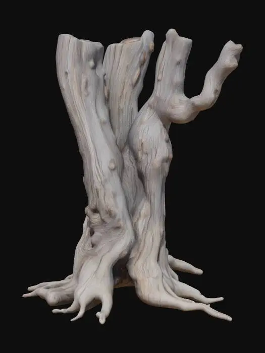 3D model for A dramatically twisted dead tree, its sinuous trunk and branches resembling petrified roots emerging from the ground. The bark is a mottled dark grey and brown, thick and profoundly ridged, offering a deeply tactile, rough texture. The entire structure is incredibly stiff and weathered, with no flexibility, and its exposed wood grain is tight and intricate, like ancient petroglyphs.