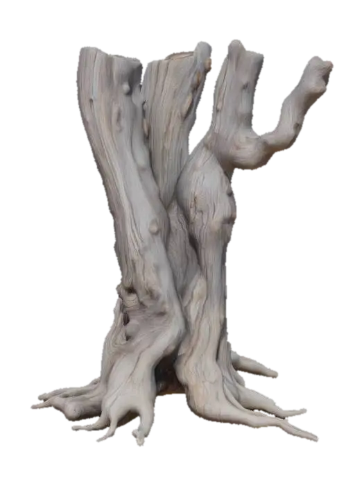 A dramatically twisted dead tree, its sinuous trunk and branches resembling petrified… - Bark 3D model, vytvořený pomocí AI