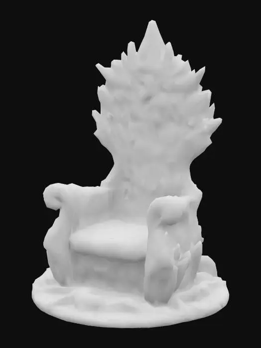 3D model for A majestic throne made entirely of crystallized saltwater, its form sculpted into elegant, flowing curves that mimic ocean waves. The material is translucent, catching and refracting the ambient light, creating prism-like effects. Its surface is icy and brittle, with tiny salt crystals forming a sparkling, rough texture. The color transitions from clear at the base to a pale, frosty blue at the crest, with hints of iridescence. #ocean#