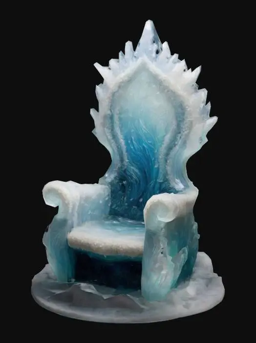 3D model for A majestic throne made entirely of crystallized saltwater, its form sculpted into elegant, flowing curves that mimic ocean waves. The material is translucent, catching and refracting the ambient light, creating prism-like effects. Its surface is icy and brittle, with tiny salt crystals forming a sparkling, rough texture. The color transitions from clear at the base to a pale, frosty blue at the crest, with hints of iridescence. #ocean#