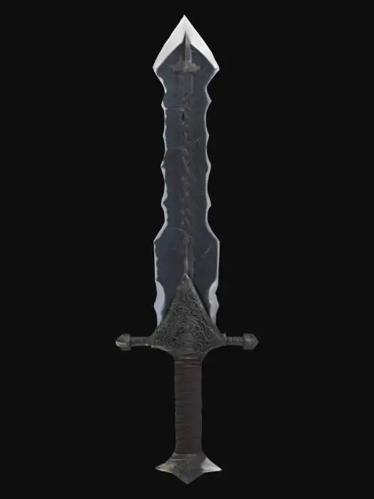 3D model for A brutal, heavy two-handed sword with a dark, obsidian-like blade that seems to absorb light, giving it a shadowy, menacing gleam. The edges are jagged and rough, hinting at immense cutting power. Its crossguard is a twisted mass of blackened, gnarled iron, and the grip is wrapped in coarse, dark dragonhide, providing a firm, almost abrasive feel.