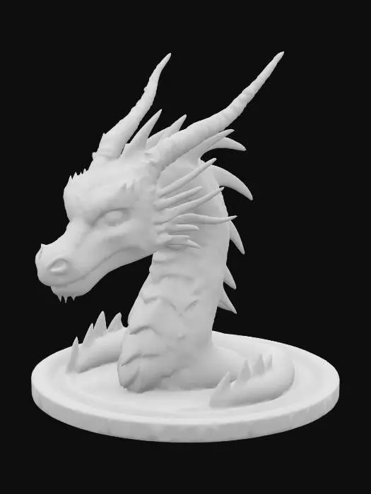 3D model for An aquatic dragon head bust made of liquid mercury, sleek mirrored scales in fluid motion, glowing sapphire eyes, elegant curved horns, ultra‑stylized fantasy creature