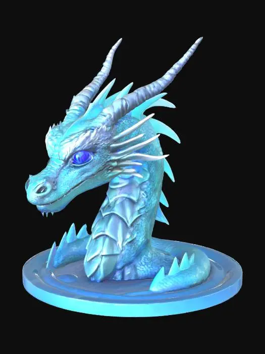 3D model for An aquatic dragon head bust made of liquid mercury, sleek mirrored scales in fluid motion, glowing sapphire eyes, elegant curved horns, ultra‑stylized fantasy creature