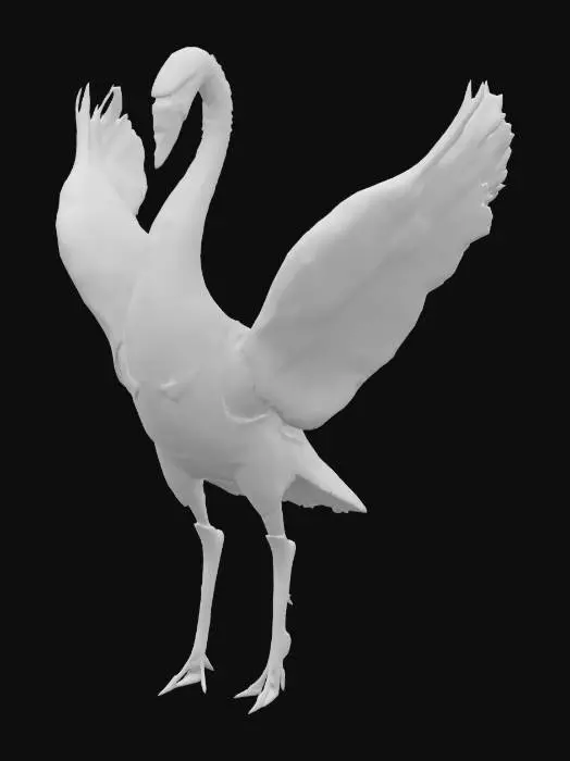 3D model for Cyberpunk synth‑swan creature, sleek metallic feathers in chrome and holographic hues, graceful neck posture, embedded glowing circuits, avant‑garde bio‑mecha bird